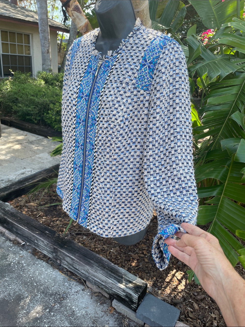 Chico’s scarf, print trim, tweed jacket with fringe neck